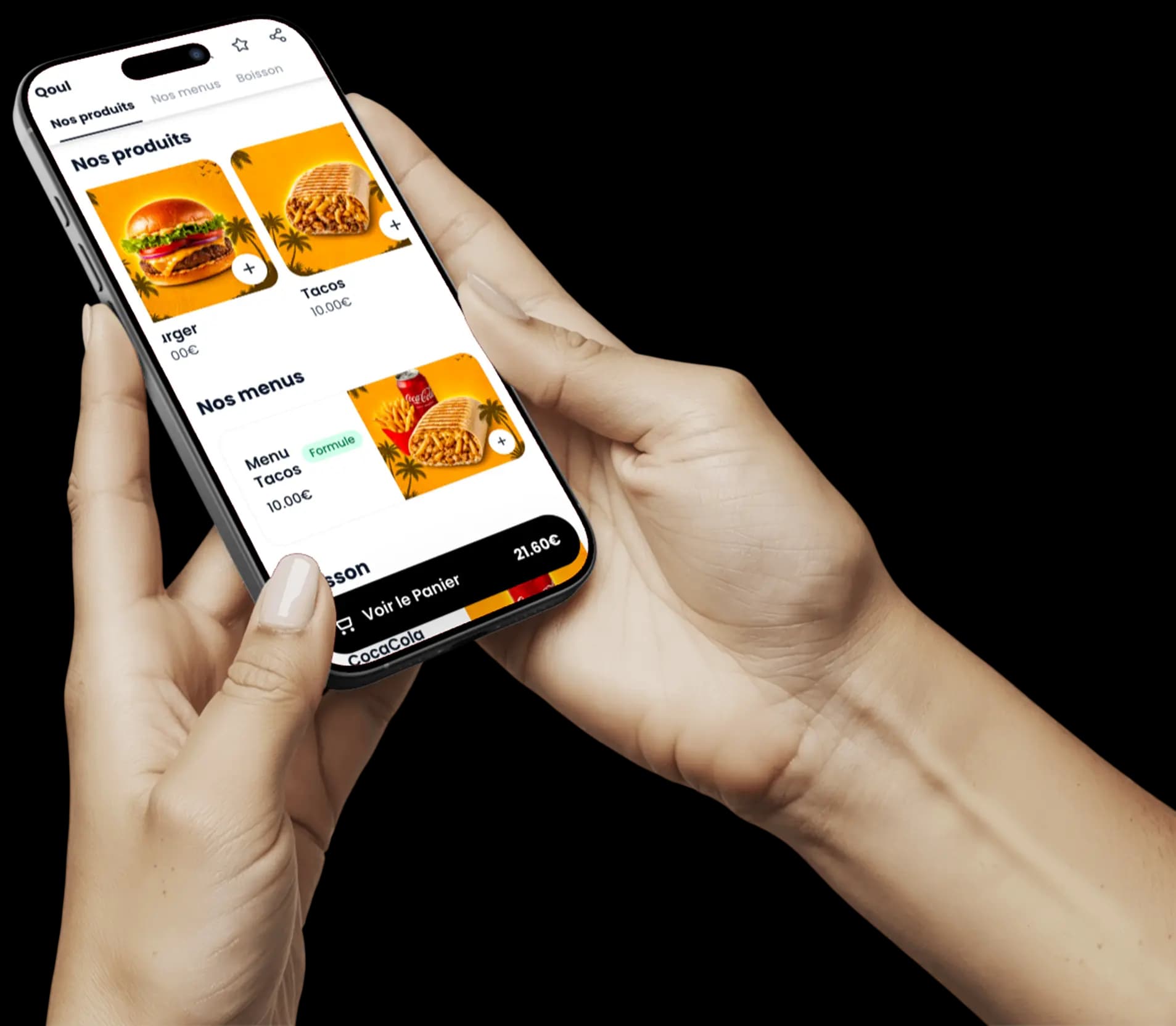 Application Qoul affichée sur un iPhone tenu en main, menu de commande
