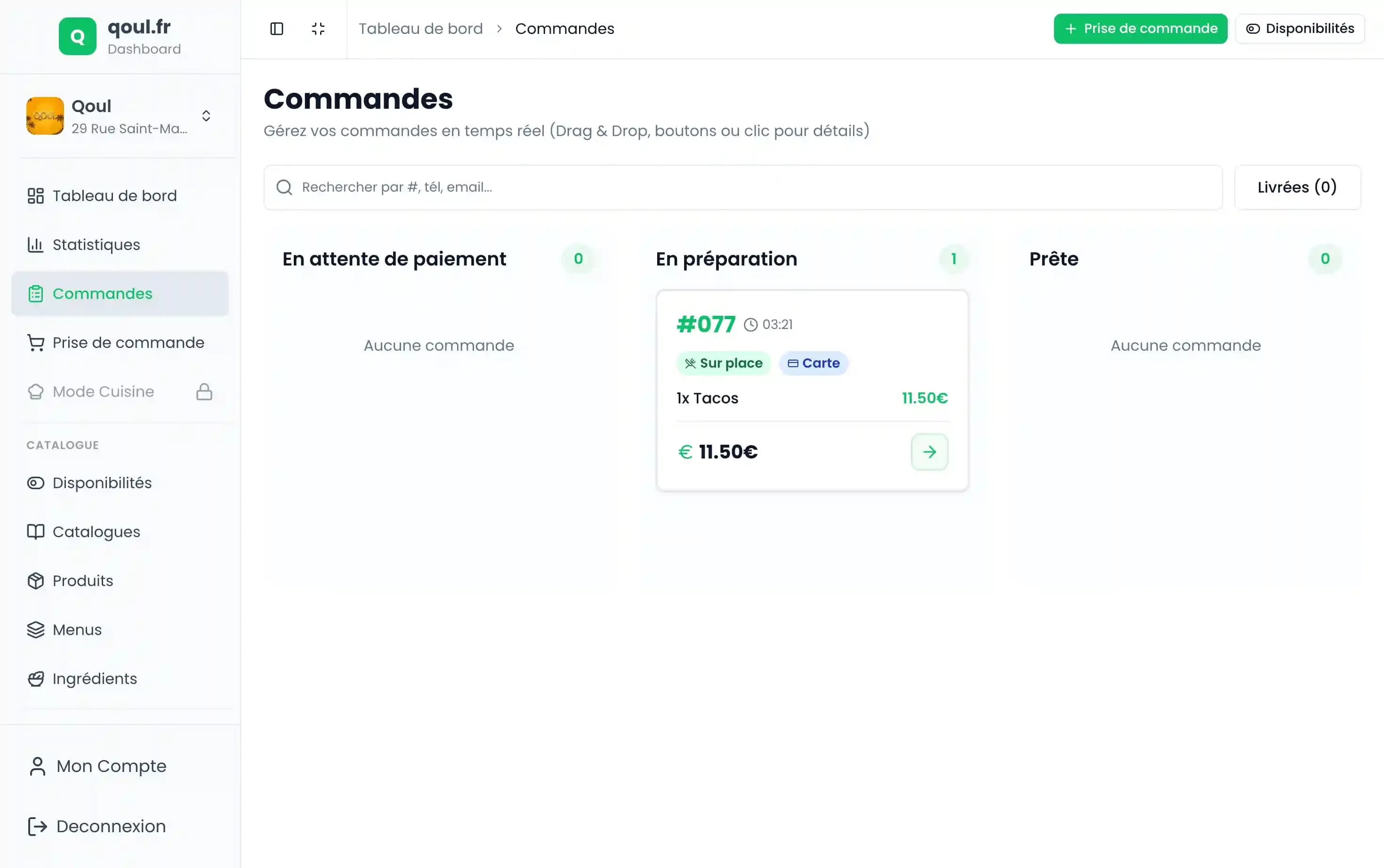 Tableau des commandes Qoul en temps réel, réparties par étape de préparation