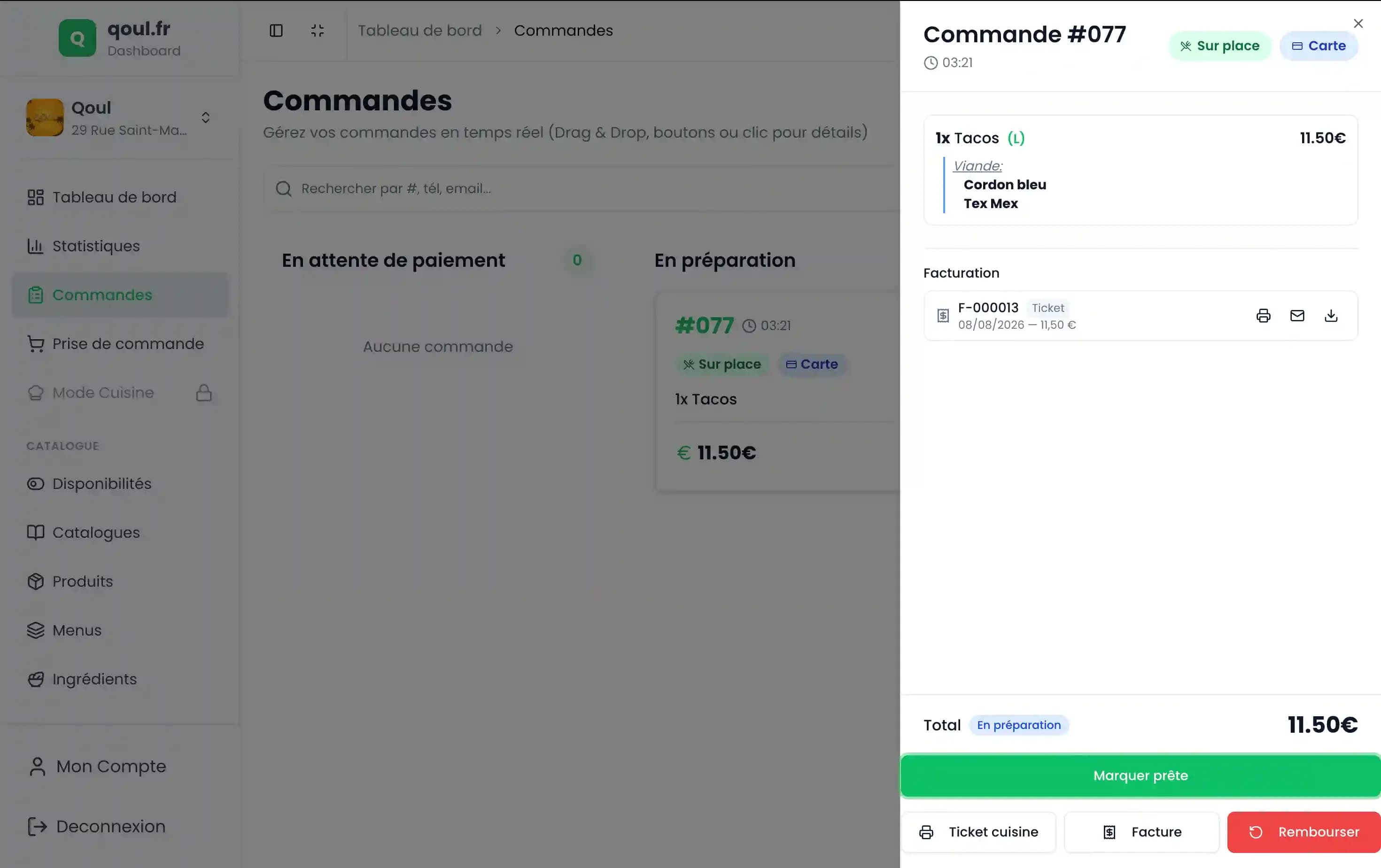 Détail d'une commande Qoul en préparation, avec ticket de facturation