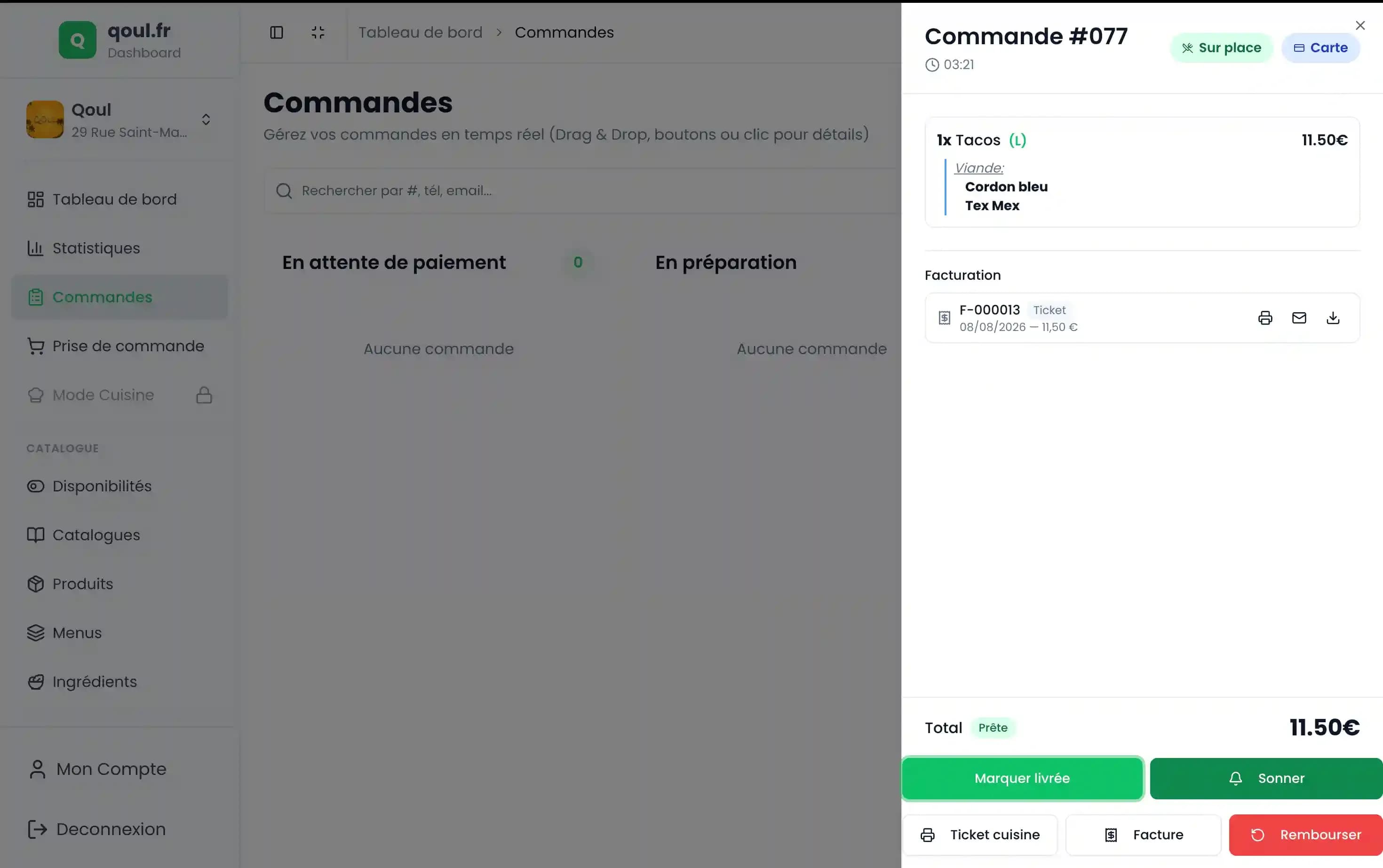 Détail d'une commande Qoul prête, prête à être marquée livrée