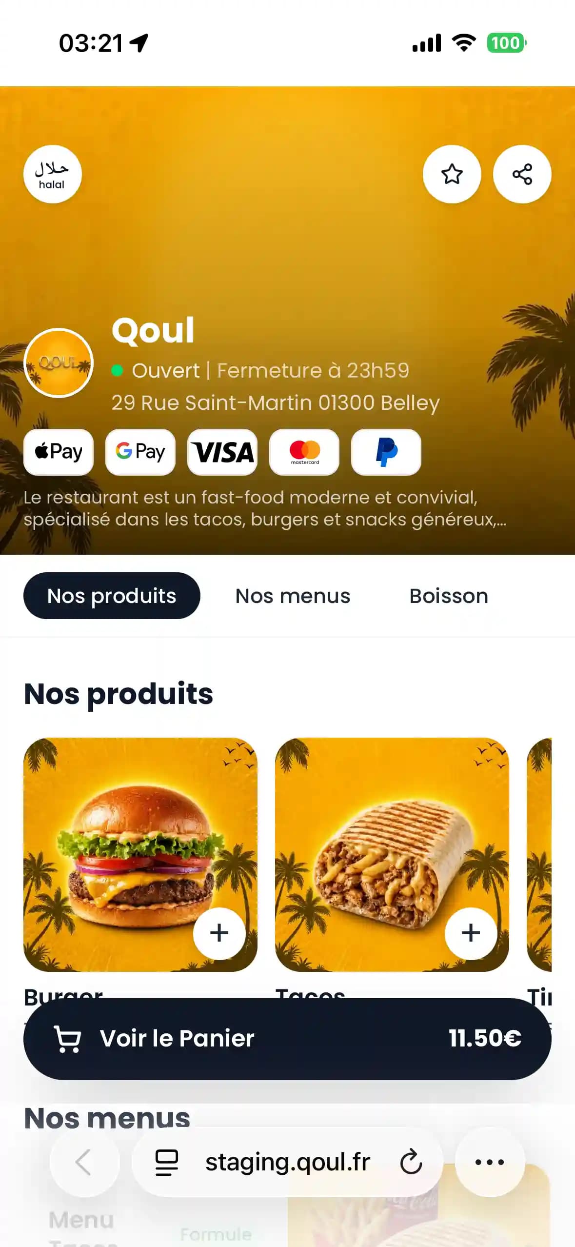 Écran client Qoul : le menu du restaurant avec photos des produits