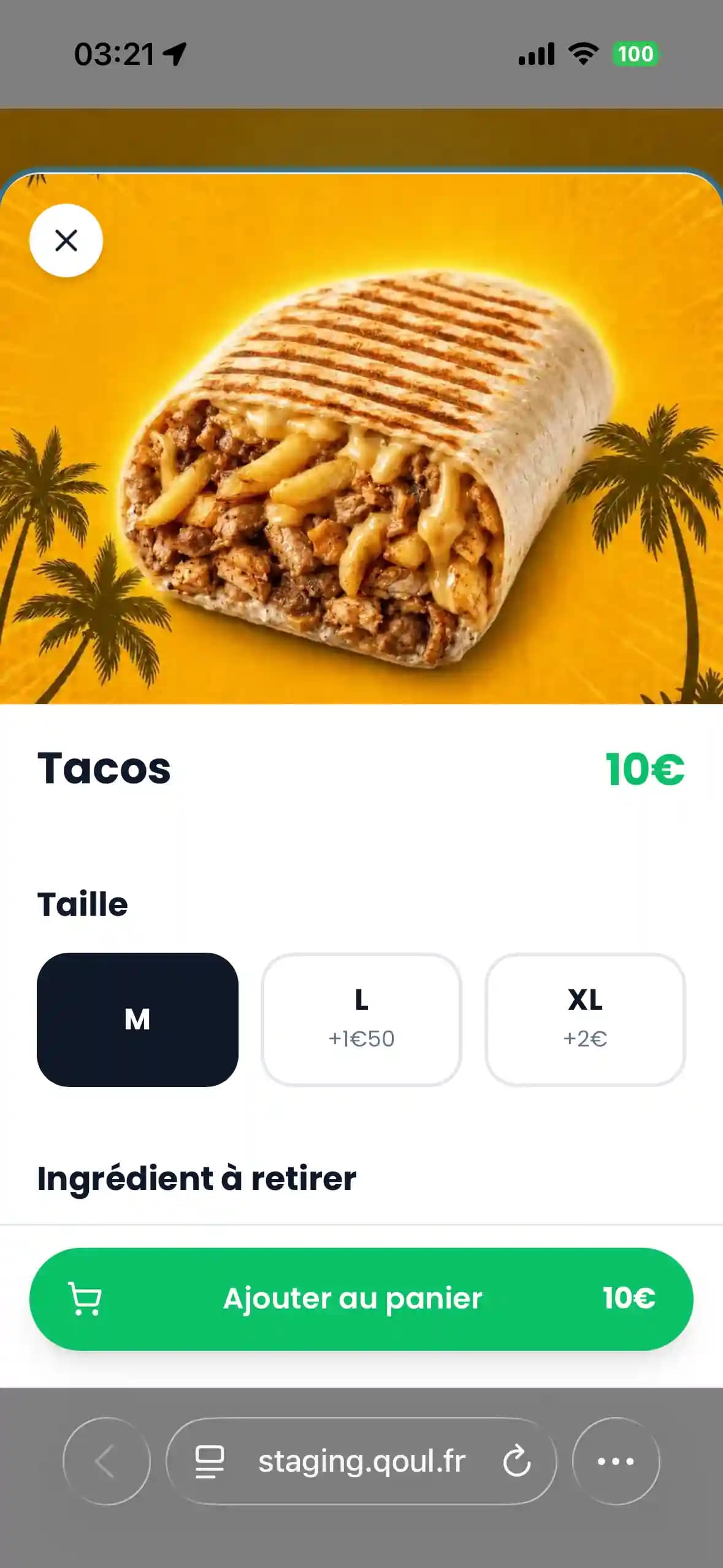 Écran client Qoul : fiche produit ouverte avec choix de taille