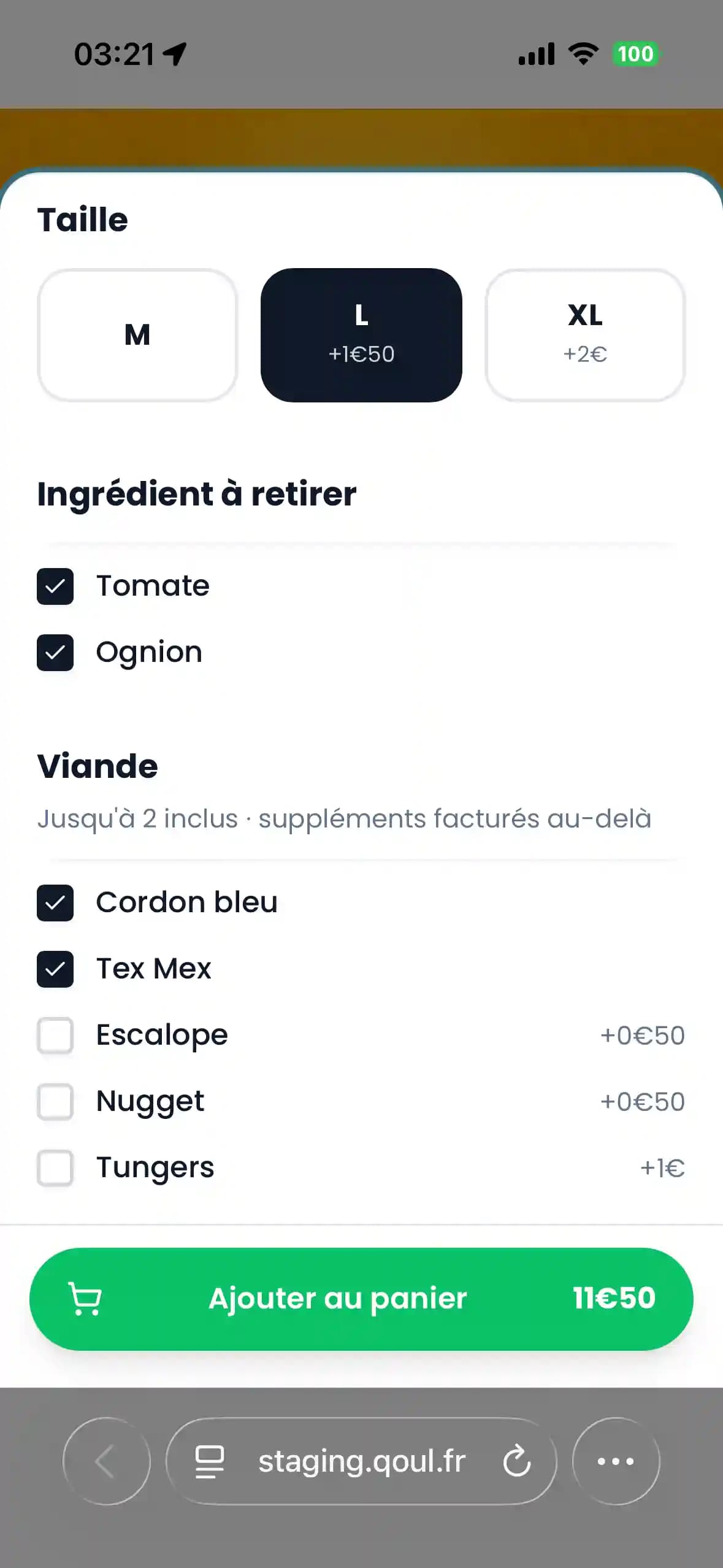 Écran client Qoul : choix des ingrédients et suppléments d'un produit