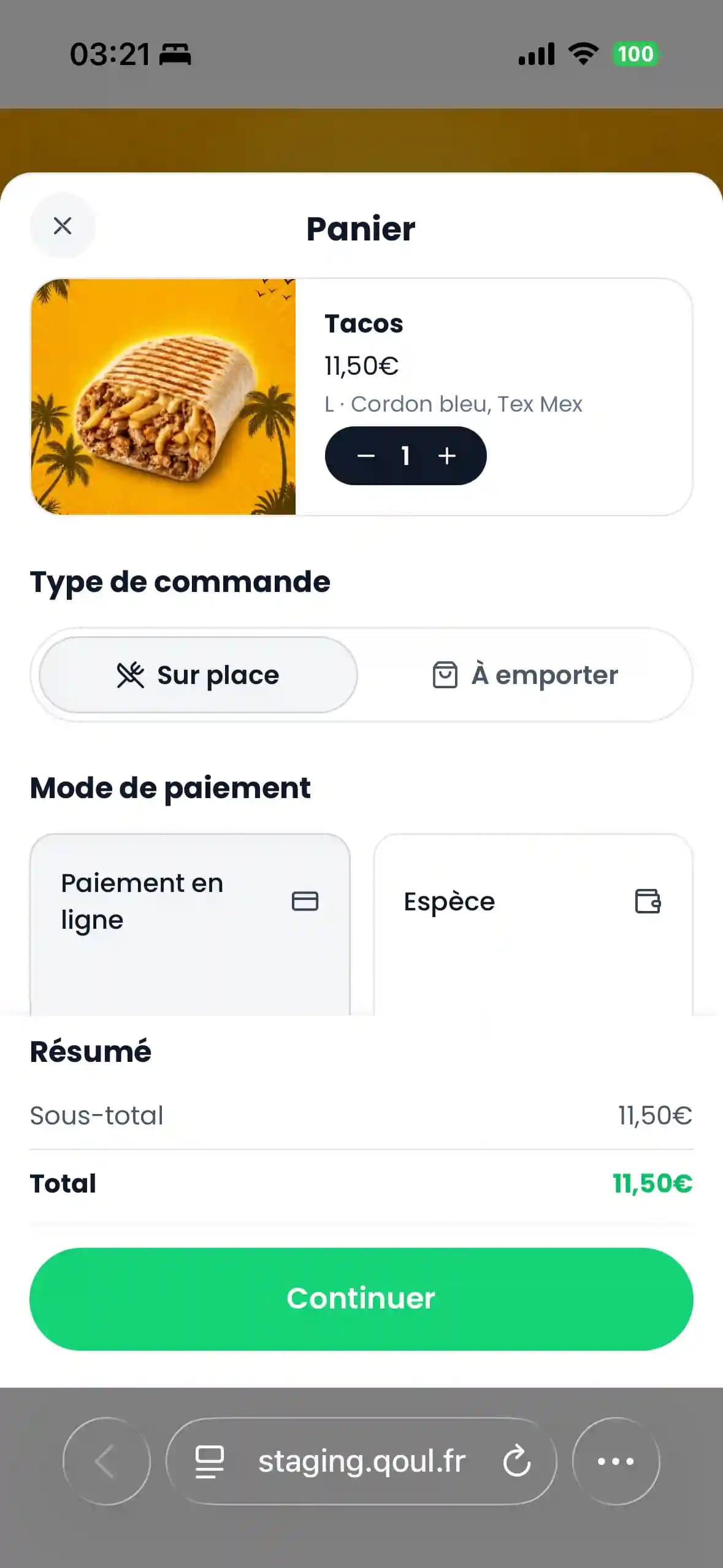 Écran client Qoul : panier avec type de commande et mode de paiement